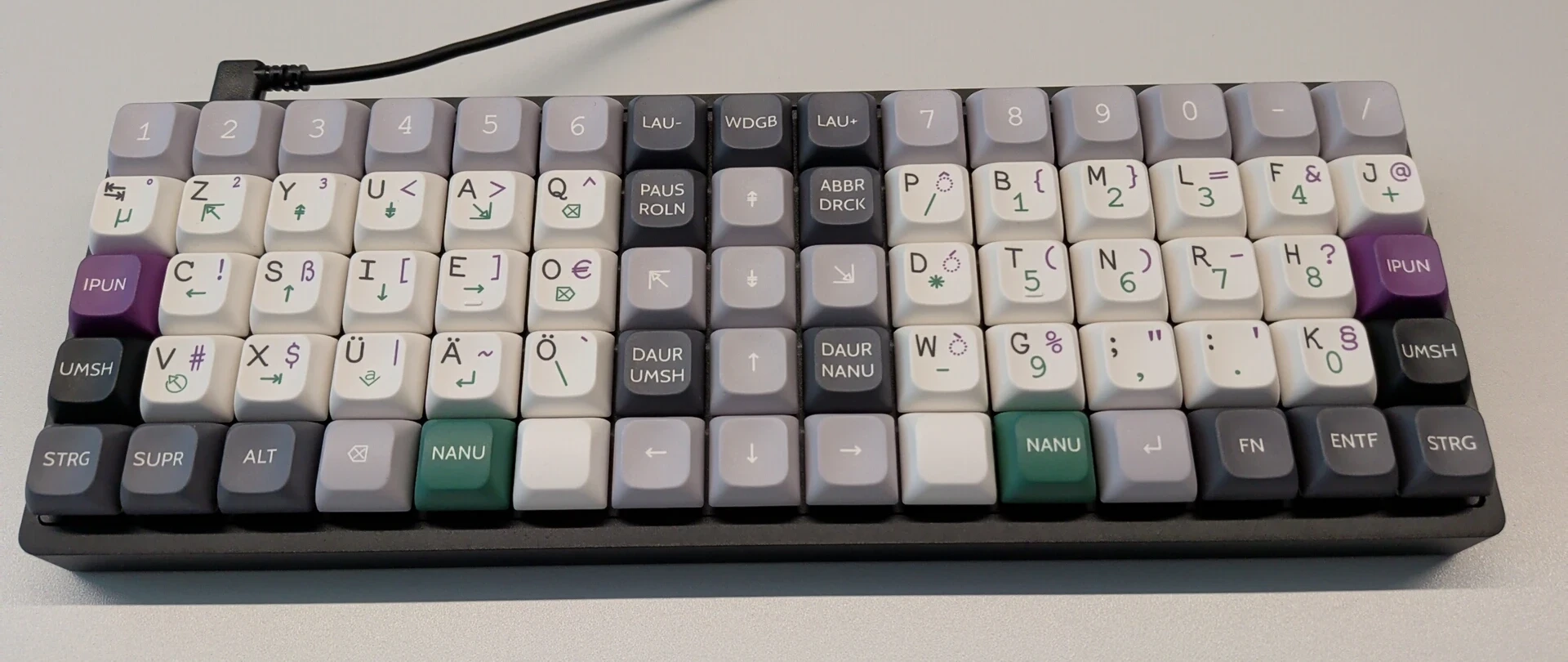 15x5 ortholinear keyboard with the Firmlynoted layout, black, purple, green and white labels. Top view.